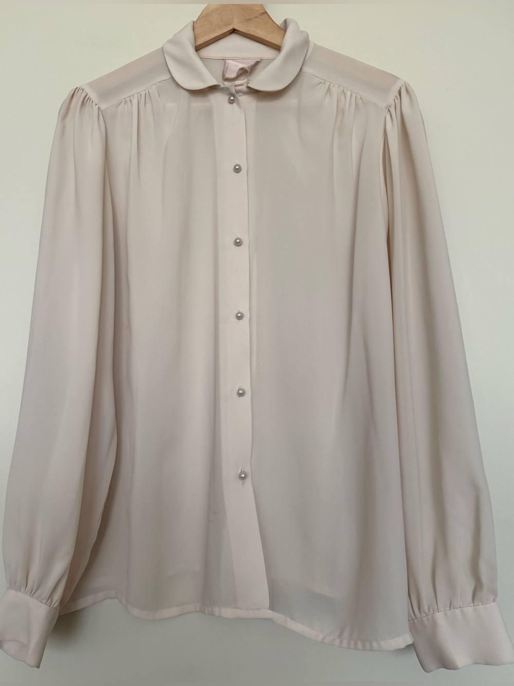 Vintage Sears Silky Semi Sheer Round Collar Cream Pearl Button Blouse M/L